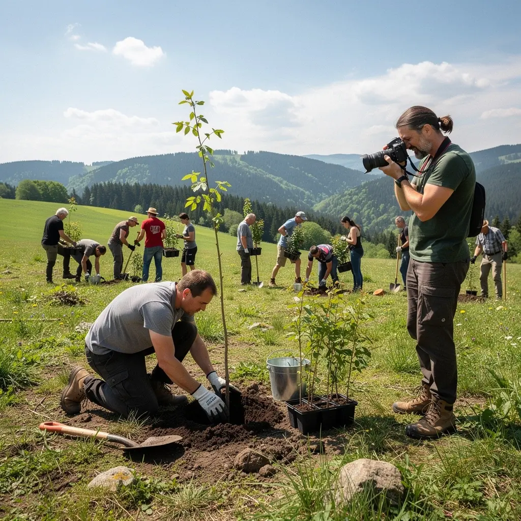 Turisté obdivující výhledy z vrcholu hory během pěšího výletu.